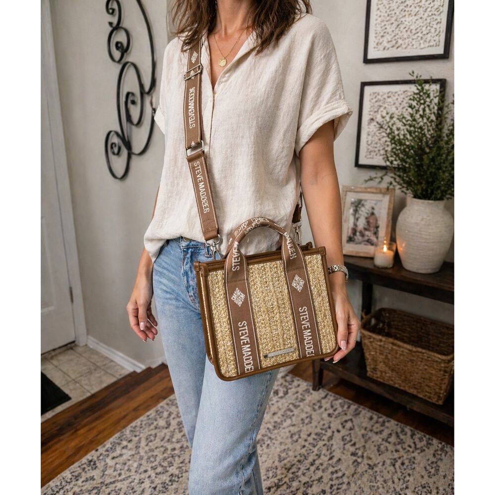Steve Madden Straw Satchel Crossbody Neutral Woven Mini Bag Resort Chic - Picture 3 of 15